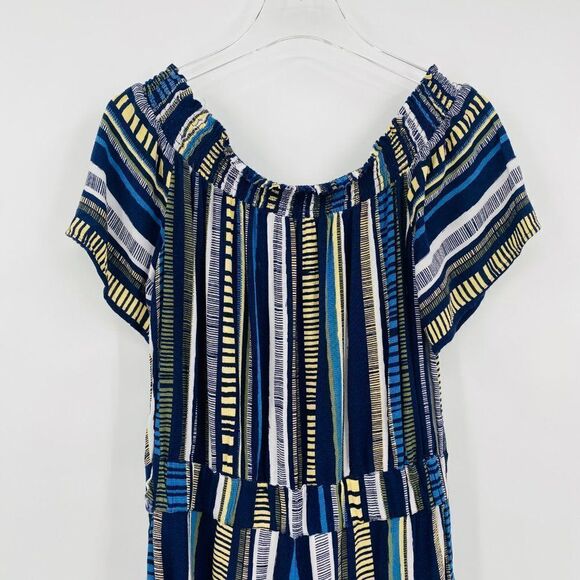 LOFT Lounge Size Medium Blue & Yellow Striped Off The Shoulder Romper w/ Pockets - Picture 9 of 10